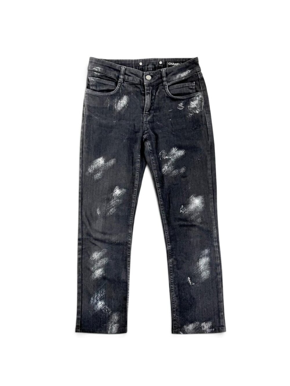Chanel 08A Cotton Coco Buttons Paint Skinny Denim Pants Black 36